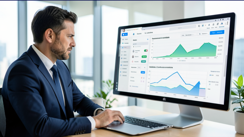 Businessman analyzing data on computer.